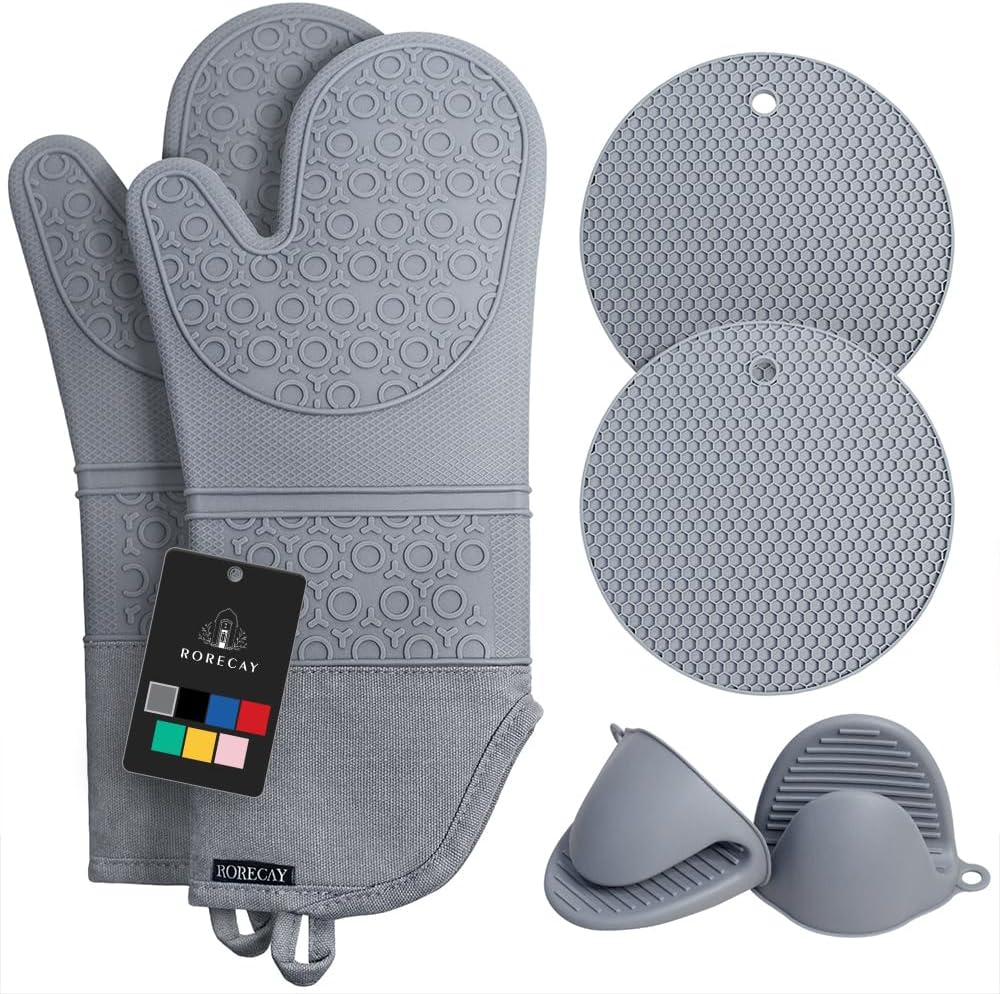 Rorecay 6pcs Oven Mitts and Pot Holders Sets for Kitchen, Extra Long Silicone Oven Gloves High Heat Resistant 500 Degrees Non-Slip Potholders Hot Pads for Baking Cooking, Grey