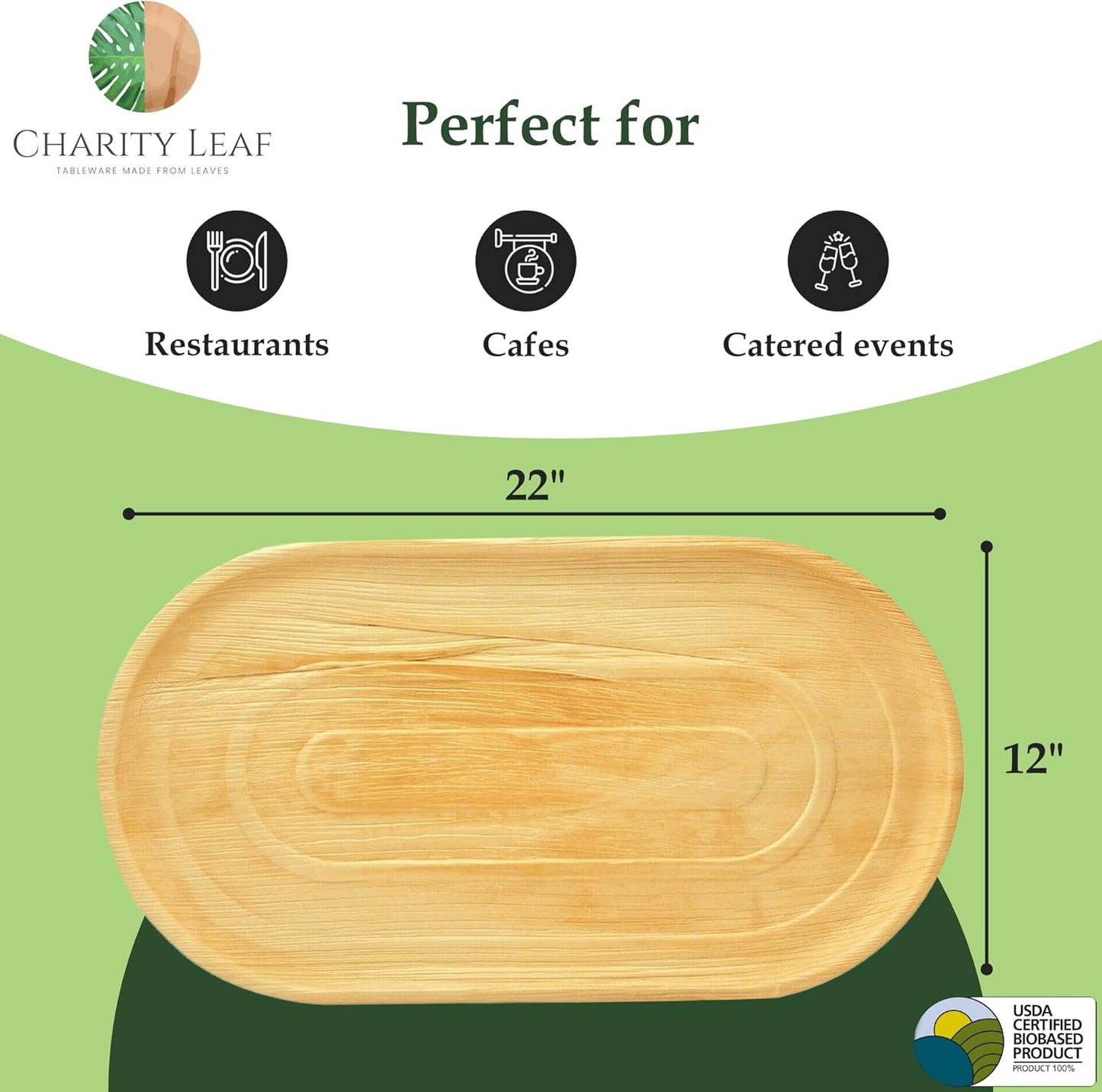 Charity Leaf Disposable Palm Leaf 22" x 12" Trays (25 pieces) Bamboo Like Serving Platters, Disposable Boards, Eco-Friendly Dinnerware For Weddings, Catering, Events