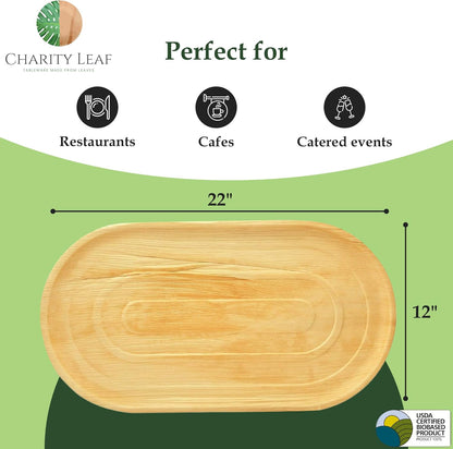 Charity Leaf 10-Pack 22"x12" Palm Leaf Trays | Eco-Friendly, Compostable Platters for Weddings, Charcuterie Boards & Events