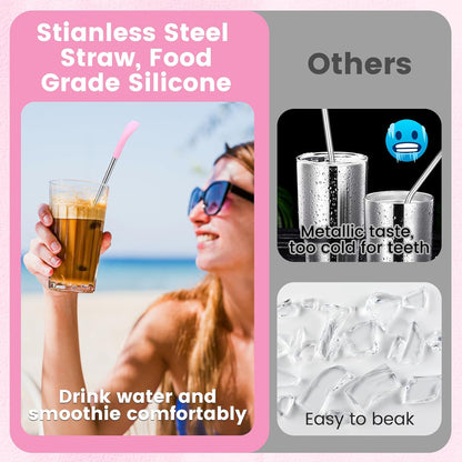 OUTXE Anti Wrinkle Straw 6 Pcs, Flat Wide Drinking Straw for Stanley& Yeti& Owala, Reusable Wrinkle Free Long Stainless Steel Metal Straw for Lip with Cleaning Brush and Carrying Bag