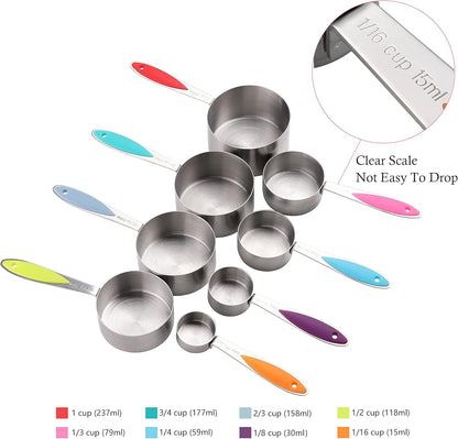 Measuring Cups and Spoons Set Stainless Steel Including 8 Stackable Measuring Cup 8 Double Sided Magnetic Measuring Spoons with 1 Leveler for Dry and Liquid Ingredients