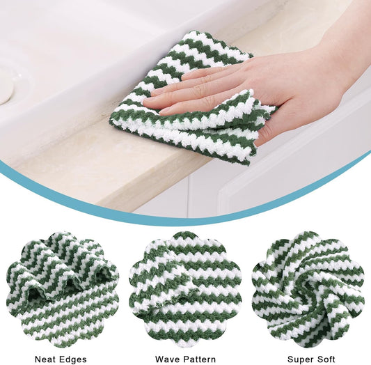 Homaxy 24 Pack Kitchen Dish Cloths, Ultra Soft and Absorbent Dish Towels, Reusable Fast Drying Microfiber Cleaning Cloth, Coral Velvet Wave Design No-lint, 10 x 10 inches, Grass Green