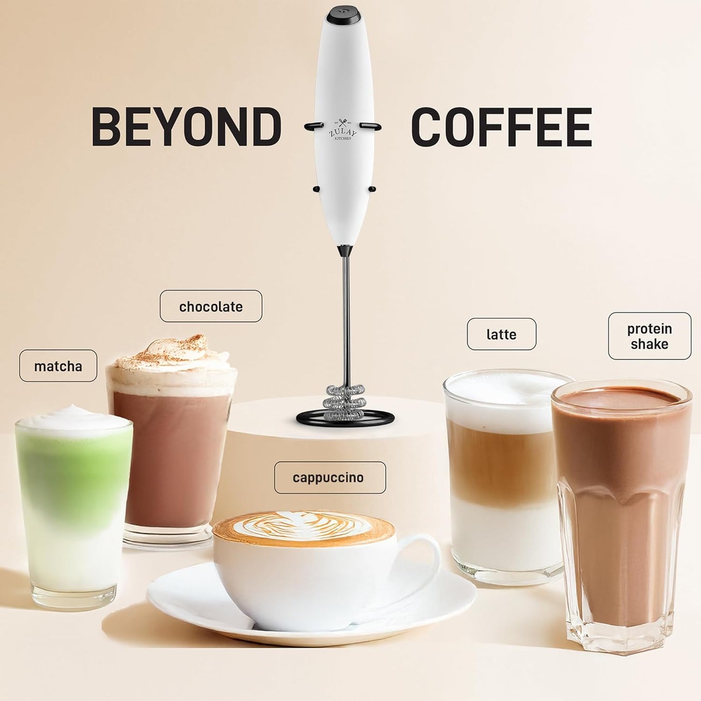 Zulay Kitchen Patented Tornado Triple Whisk Milk Frother with 4 Duracell Batteries – Handheld Foam Maker for Coffee, Lattes, Matcha & Hot Chocolate – Rich, Creamy Froth in Seconds