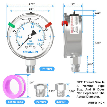 MEANLIN MEASURE 0~40Psi Stainless Steel Liquid Filled Pressure Gauge 2.5" FACE DIAL 1/4" NPT for Pool Sand Filter Water Oil Air Pressure Test Lower Mount with Stainless Steel Hex Bushing and Snaps