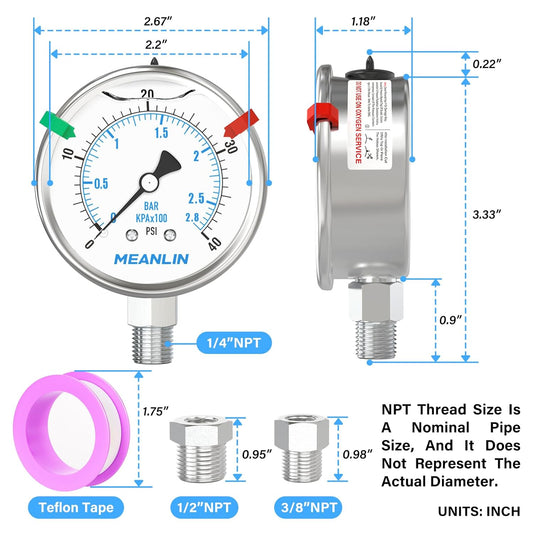 MEANLIN MEASURE 0~40Psi Stainless Steel Liquid Filled Pressure Gauge 2.5" FACE DIAL 1/4" NPT for Pool Sand Filter Water Oil Air Pressure Test Lower Mount with Stainless Steel Hex Bushing and Snaps