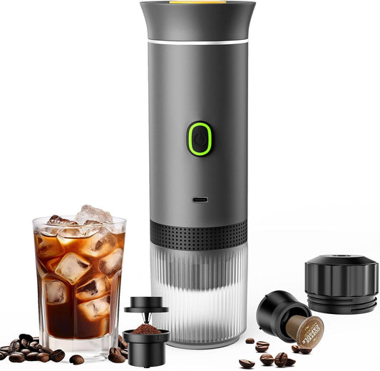 3-in-1 Portable Espresso Maker, Travel Coffee Maker, Self-Heating Car Coffee Maker with USB-C, Small Espresso Machine with Ground Coffee & Capsules (NS＆DG) for RV, Hiking, Office (grey)