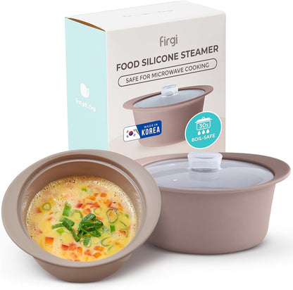 40oz Platinum Silicone Microwave Steamer Pot with Handle & Lid - Korea 100% Food-Grade Steamer Bowl, Heat-Resistant Cooker with Steam Holes, Easy Clean, Dishwasher Safe, Taupe Brown