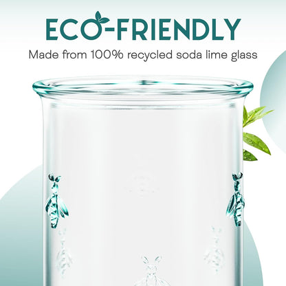 Amici Home Regina DOF Glass | 12 Oz | Italian Made, Recycled Green Glass | Drinking Glass with Embossed Bee Design for Water, Juice, Iced Tea, Cocktails (Set of 6)