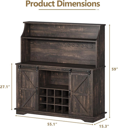 55 Inch Farmhouse Coffee Bar Cabinet with 3-Tier Storage, Kitchen Hutch with12 Wine Racks & 3 Glass Holders, Coffee Bar with 6 Hooks, Wine Bar Cabinet for Dining Living Room, Oak