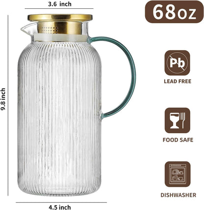 2 PACK Glass Pitcher with Lid,68 oz/ 2 Liter Vertical Stripes Water Pitcher With Green Handle,Glass Water Carafe for Cold Brew,Coffee, Lemonade, Iced Sun Tea,Beverage,Milk Heat Resistant