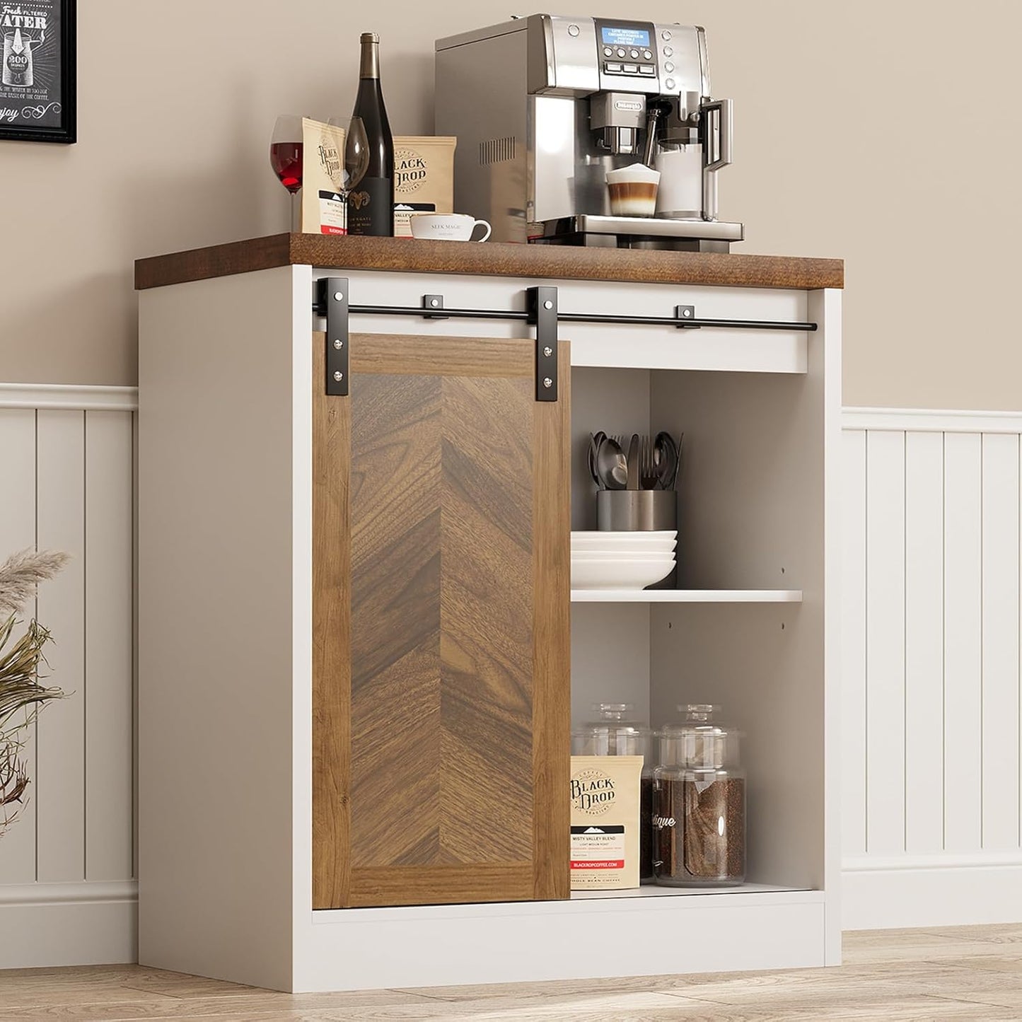 Farmhouse Small Coffee Bar Cabinet with Storage, White Coffee Bar Table with Sliding Barn Door, Adjustable Shelves, Bar Cabinet for Kitchen, Dining Living Room