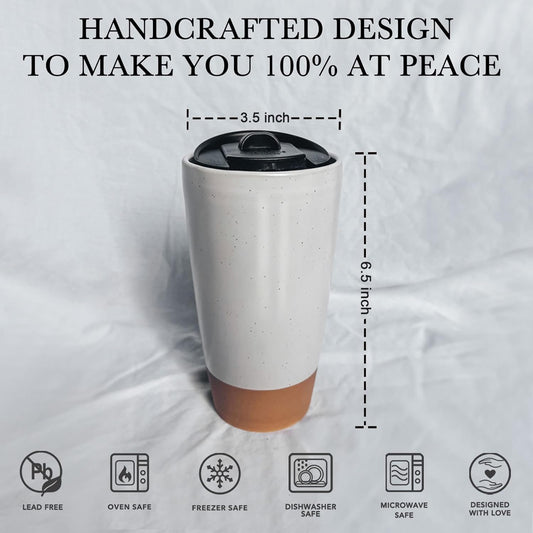 Mora Double Wall Ceramic Coffee Travel Mug with Lid, 14 oz, Portable, Microwave, Dishwasher Safe, Insulated Reusable Tall Cup, Splash Resistant Lid - To Go Tumbler for Car Cup Holder, Cotton White