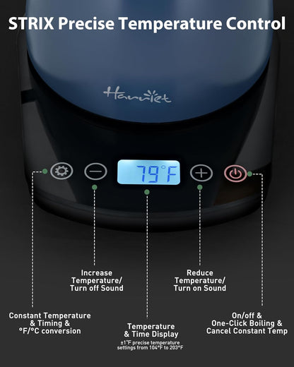 Harriet Gooseneck Electric Kettle - 1200W Fast Heat, 0.8L Stainless Steel, Precision Temp Control & Timer, Wood Handle, Pour Over Coffee and Tea, Blue