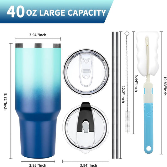 40 oz Tumbler with Lids and Straws, Stainless Steel Insulated Coffee Tumbler, Double Wall Vacuum Insulated Travel Mug Cup, Leakproof Thermal Coffee Cup for Hot and Cold Drink (Light Dark Blue)