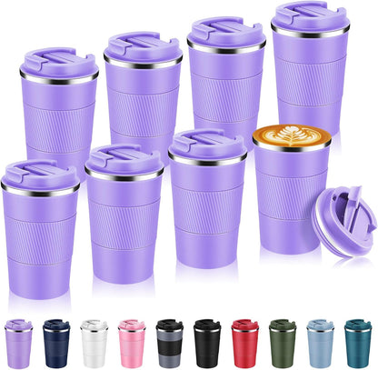 Volhoply 13 oz Stainless Steel Insulated Travel Coffee Mug with Fip Lid Bulk 8 Pack,Reusable Double Wall Vacuum Metal Coffee Cup,Portable Leak Proof Thermal Tumbler for Hot & Cold Drinks(Purple,8)