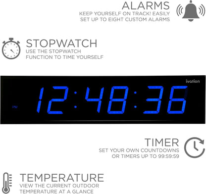 Ivation Oversized 24" Large Digital LED Clock | Big Digital Clock w/Multi-Function Display – Stopwatch, Timer, Alarms, Temp & Date | 6 Brightness Levels, Time Memory & Remote (Blue)