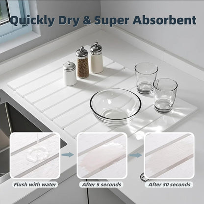 Stone Drying Mat for Kitchen Counter, 23.6" x 15.3" Foldable Diatomaceous Earth Dish Drying Mat - Large Stone Dish Drying Mat for Dishes Cups Bottles Drying, Match Any Countertop (Grey, Large)