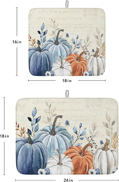 Fall Dish Drying Mat for Kitchen Counter Blue Pumpkin Drying Pad Absorbent Drying Mats for Countertops Sinks Draining Racks Floral Leaves Drainer Holiday Harvest Thanksgiving Decorations 18x24
