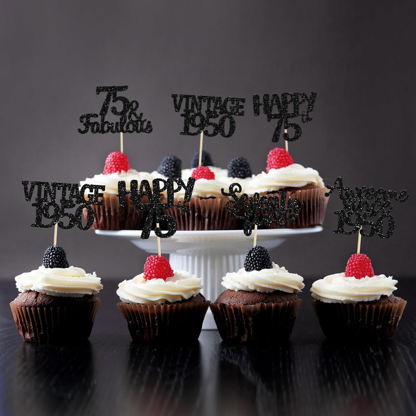 Gyufise 30 Pack black Glitter 75th Birthday Cupcake Toppers Vintage 1950 Cake Toppers Hello 75 Cake Topper Sixty Five 75 & Fabulous Cupcake Picks 75th Birthday Cake Decorations Supplies