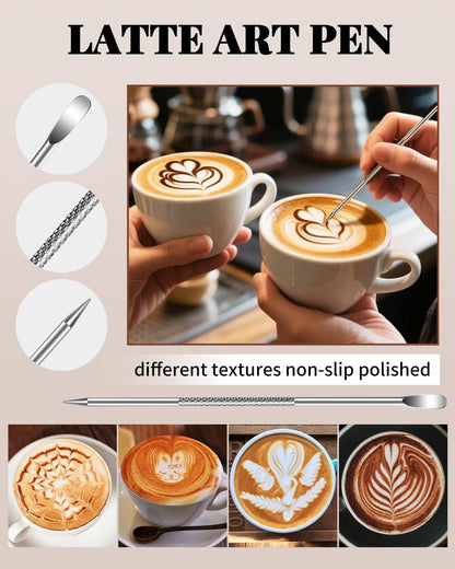 Milk Frothing Pitcher 350ml/12oz Steaming Pitchers Stainless Steel Milk Cappuccino Coffee with Decorating Art Pen, Powder Shaker, 16 Pieces Coffee Decorating Stencils