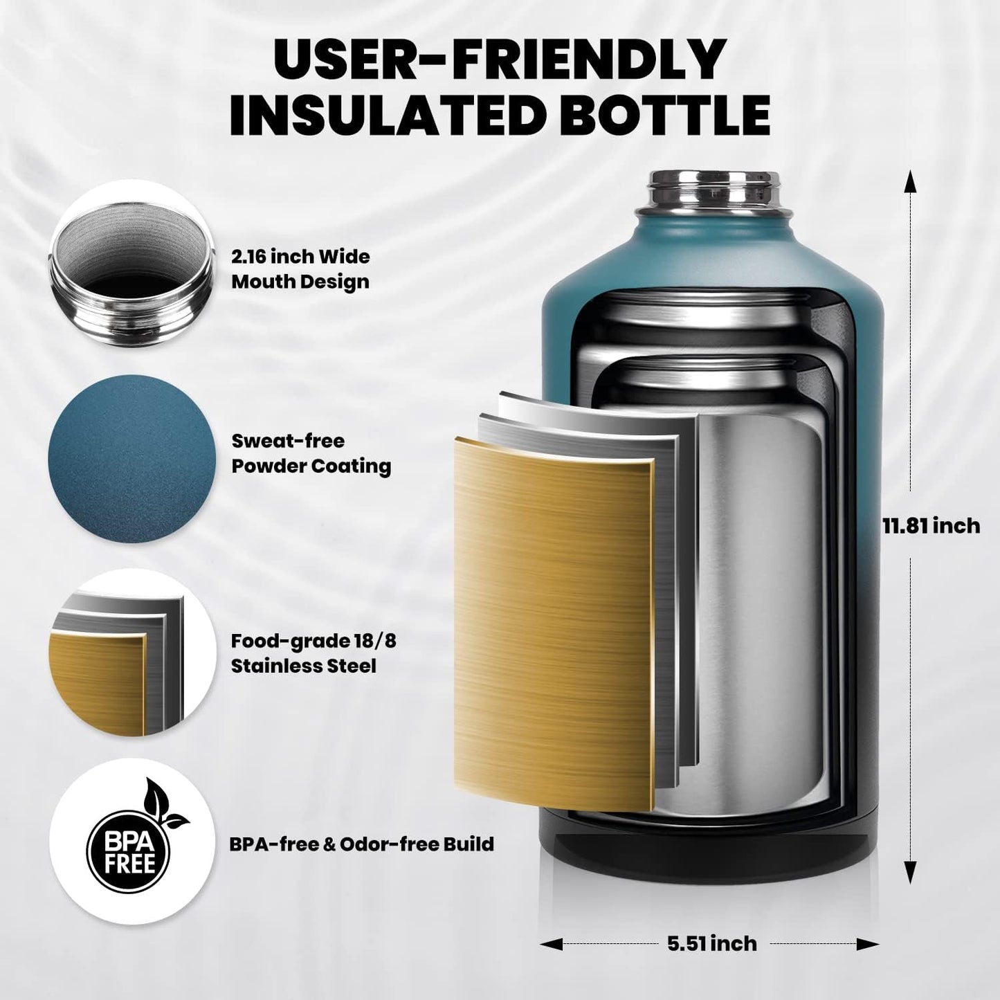 One Gallon Water Bottle Insulated, Triple Walled Vacuum Stainless Steel (Cold for 48 Hrs), Leak Proof & Non-BPA, Large Water Flask Jug with Paracord Handle & Straw Spout Lids