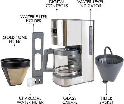 Kenmore Drip Coffee Maker - 12 Cup Programmable Cafe Machine With Glass Pot, Regular & Bold Brew, Auto Shut Off Large Water Reservoir, Reusable Filter, Kitchen Appliances For Cafeteria Barista