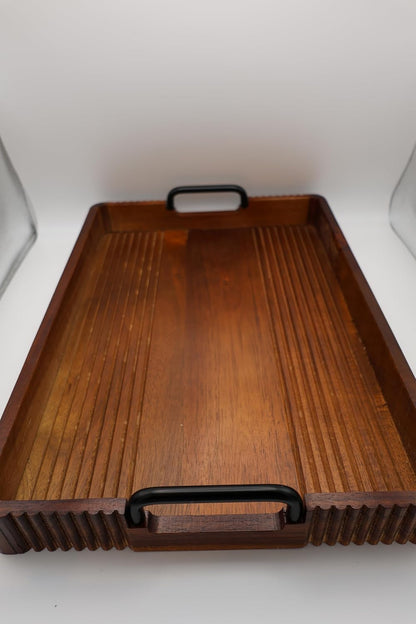 Acacia Wood Serving Tray with Metal Handles, 17x13in Food Drinks Tray for Coffee Table, Breakfast, Dinner & Bar, Rustic Decorative Storage Tray for Ottoman, Kitchen, Packaging