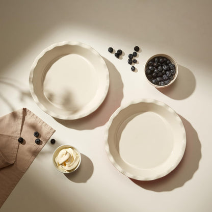 KooK Pie Pan, Ceramic Reusable Round Pie Dish, Quiche Baking Dish, Deep, Wave Edge, For Cakes, Tart, Casseroles, Tarts, Microwave, Oven and Dishwasher Safe, 9-Inch, 36 oz, Set of 2, Cherry