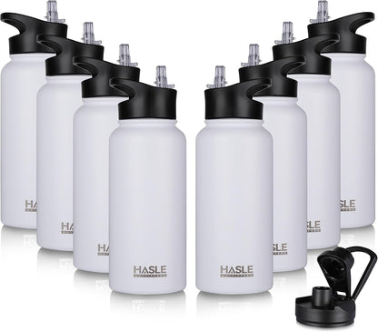 HASLE OUTFITTERS 32 oz Insulated Water Bottle Stainless Steel Double Walled Vacuum Sports Water Bottle with 2 Lids (Straw and Spout Lid) for Gym Camping Hiking(White,8)