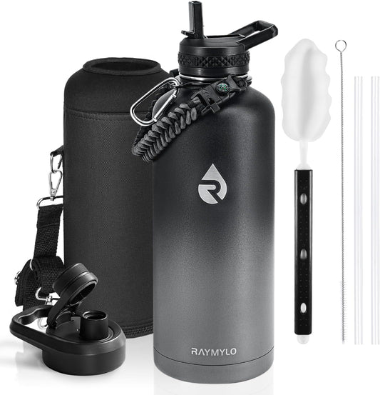 Insulated Water Bottle 87 oz, Triple Wall Vacuum Stainless Steel (Cold for 48 Hrs), Leak Proof & Non-BPA, Modern Water Flask Jug with Paracord Handle & Straw Spout Lids, Dark Grey
