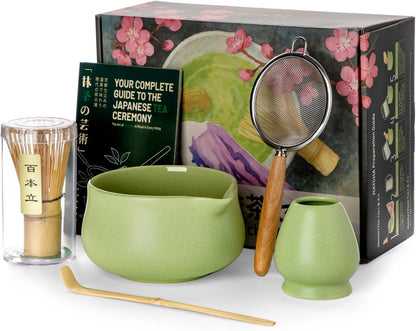 Nucookery Matcha Set - 6 PCS Matcha Whisk Set, 18OZ Matcha Bowl (Chawan) with Spout, Matcha Whisk (Chasen) and Holder, Bamboo Matcha Scoop and Sifter, Matcha Kit/Tools/Accessories for Tea Ceremony