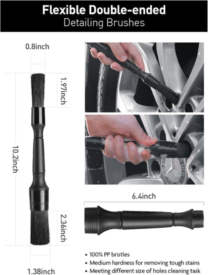 Fantasticlean 7PCS Car Wheel Cleaning Pro Kit, Tire Brush, Soft-bristled Rim Brush, Microfiber Flat Wheel Brush, Double-Ended Detailing Brush, Detailing Pads, Scratch-Free & Multipurpose