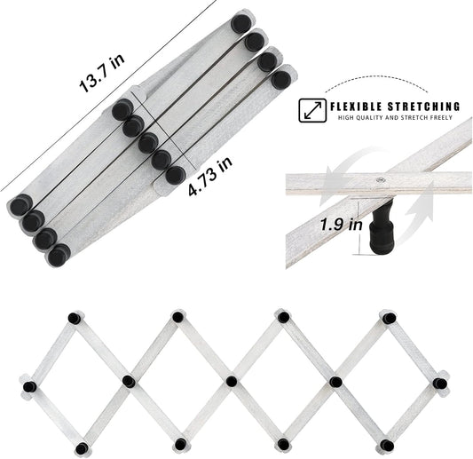 WGFKVAS 2 Pack Expandable Coat Rack, Accordion Wall Hanger, Wooden Hat Rack Wall Mounted, Accordion Hook for Mugs, Cap, Coats, 13 Hooks (Pegs), White