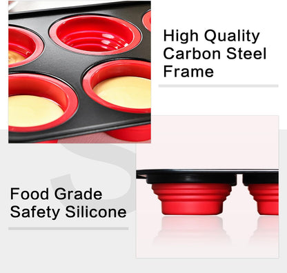 Silicone Muffin Pan Molds, 6 Cups Muffin Pans with Metal Frame, Muffin Pans for Baking, Non Stick Baking Tray for Ovens, Bakeware with Press to Release Design, Cake Pop Mold, Silicone Egg Molds, Red