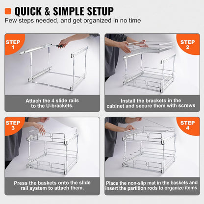 VEVOR Pull Out Cabinet Organizer, 14"Wx21"D Heavy 2 Tier Duty Slide Out Pantry Shelves, Chrome-Plated Steel Roll Out Drawer for Under Sink, 15.5"Wx22"D Install Size for Cabinet