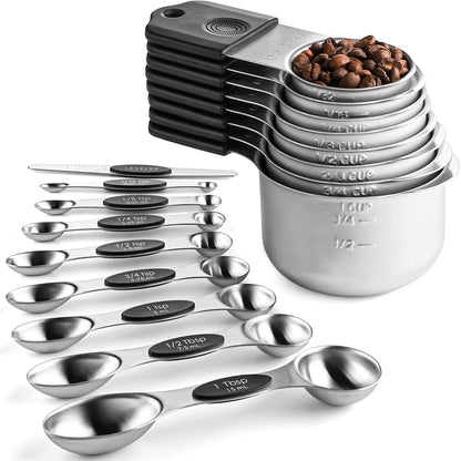 Measuring Cups and Spoons Set Including 8 Stainless Steel Magnetic Measuring Cups 8 Double Sided Magnetic Measuring Spoons with 1 Leveler for Dry and Liquid Ingredients