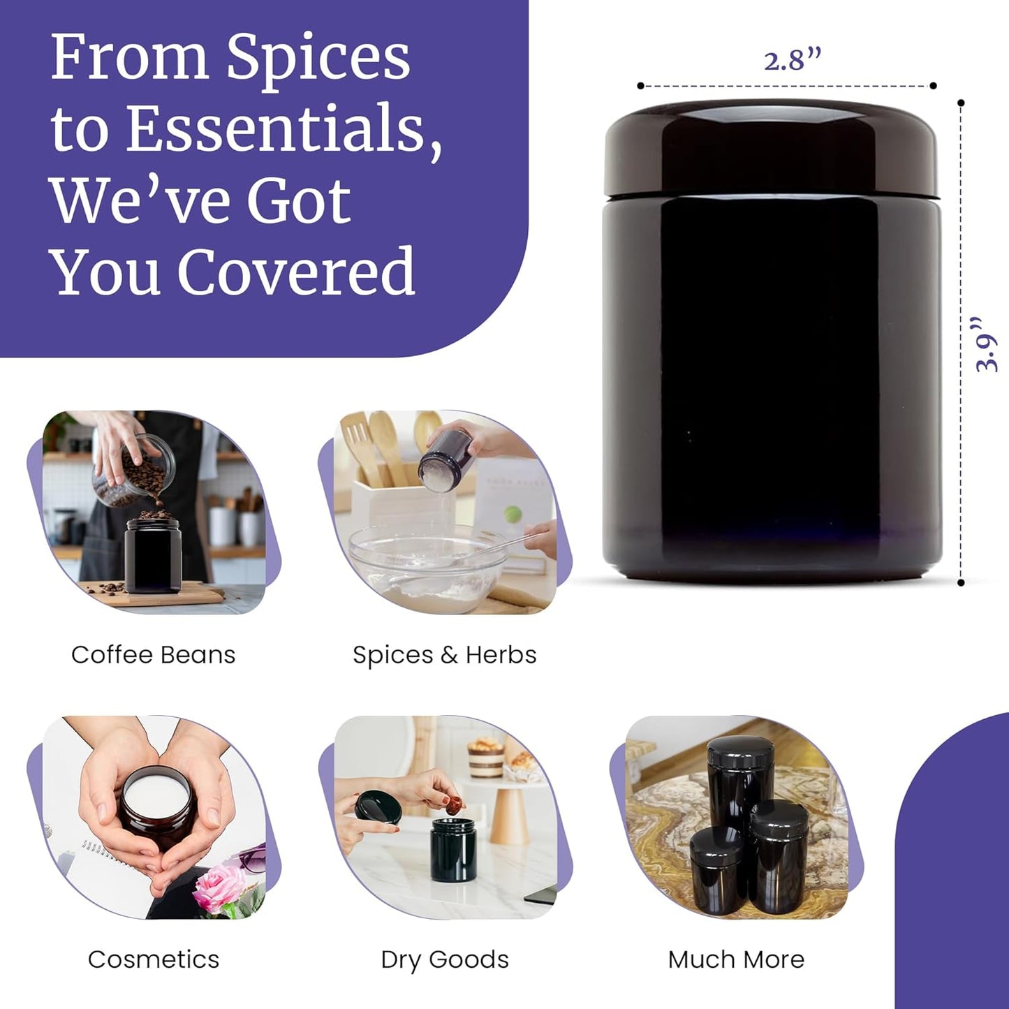 Infinity Jars Tall Black Large Ultraviolet Glass Jar 250 ml(8.3 fl oz) Airtight Smell Proof Container,Refillable Jar For Long Term Storage Oil,Coffee,Spices,Dried Goods,Tea,Glass Jar For Kitchen (5)