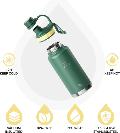 IDEUS Insulated Stainless Steel Water Bottle with 2 Leak-Proof Lids, Thermal Water Flask for Hiking Biking, 32oz, Green
