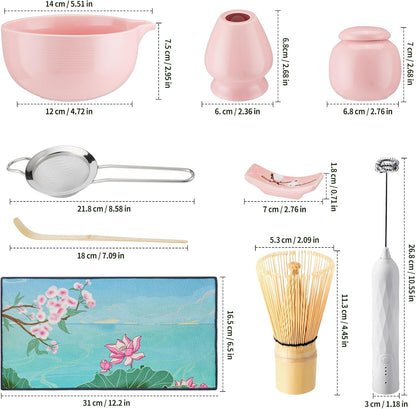Matcha Whisk Set,9 Pcs Japanese Matcha Set Pink, Matcha Kit with Sifter, Matcha Tea Cloth, Matcha Powder Canister, Electric Rechargeable Frother(Pink)