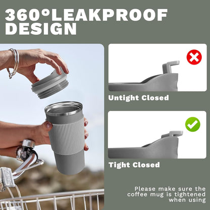 YINBAOGE Insulated Travel Coffee Mug Spill Proof Leak Proof Pobtable To Go Camping Stainless Steel Coffee Tumbler Reusable Coffee Cups with Lids Thermos for Hot and Cold Drink (4th-Gray, 15OZ)