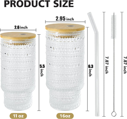 4 Pcs 11 oz Drinking Glasses Cups Set with Bamboo Lids Straws Brush Small Drinking Glassware Set for Juice Iced Coffee Cocktail Whiskey(Hobnail*4)
