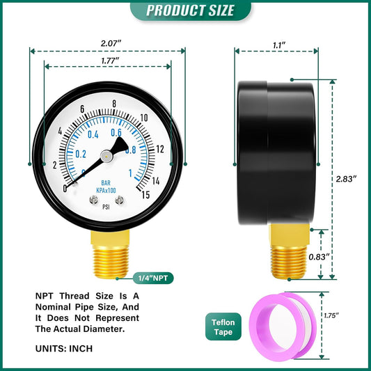 0-15PSI Well Pump Pressure Gauge 2" Dial Size, 1/4" NPT Lower Mount, 3-2-3% Accuracy, for Tube, Water Pump, Gas, Liquid, Pressure Test