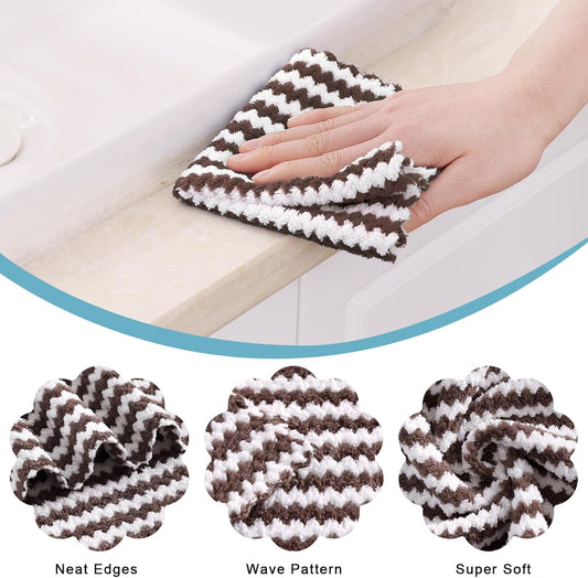 Homaxy 24 Pack Kitchen Dish Cloths, Ultra Soft and Absorbent Dish Towels, Reusable Fast Drying Microfiber Cleaning Cloth, Coral Velvet Wave Design No-lint, 10 x 10 inches, Brown