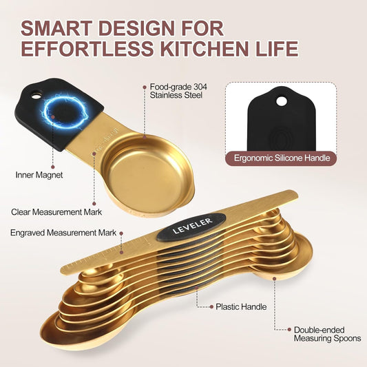16-Piece Stainless Steel Measuring Cups and Spoons Set, Strong Magnetic Nesting Design 7 Cups 8 Spoons with Leveler, Double Measurement Markings for Dry & Liquid Ingredients, Gold