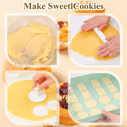 Cookie Stamps Baking Molds 4 Shapes, Biscuits Cutters, 3D Patterns Impression Embosser, Cookies Plunger Stamp, Homemake Bakeware DIY, Pastry, Bakery Desserts, Children Adults