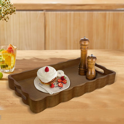 JUIOETURPine Wood Decorative Tray with Handle Rectangular Wooden Serving Tray for Breakfast in Bed,Coffee Table,Dining Table,or Kitchen - Perfect for Living Room,Bedroom,and Entryway Decor (Brown)