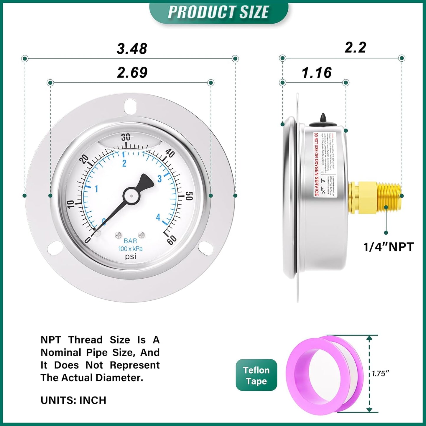 0-60PSI Panel Mount Front Flanged Glycerin Filled Pressure Gauge, 2.5" Dial Size, 1/4" MNPT Back Mount, Stainless Steel Case, with Phillips Screw and Nut, for Water, Gas, Liquid Pressure
