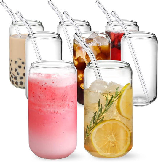 NETANY [ 8pcs Set ] Drinking Glasses with Glass Straw - 16oz Glass Cups, Beer Glasses, Iced Coffee Glasses, Cute Tumbler Cup, Ideal for Whiskey, Soda, Tea, Water, Gift - 2 Cleaning Brushes