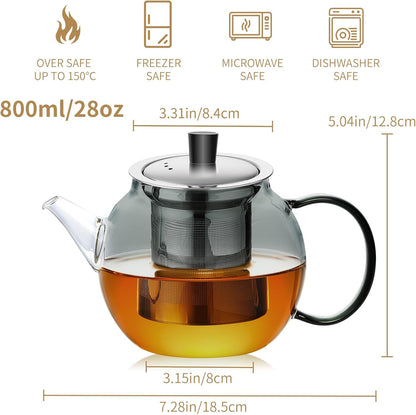 28OZ Glass Teapot with Infuser Stovetop Safe, 800ml Borosilicate Glass Kettle Tea Pot with Infusers tea infuser pot for loose leaf tea, tea Maker brewer, Dishwasher Safe, tetera para te(Dark Gery)