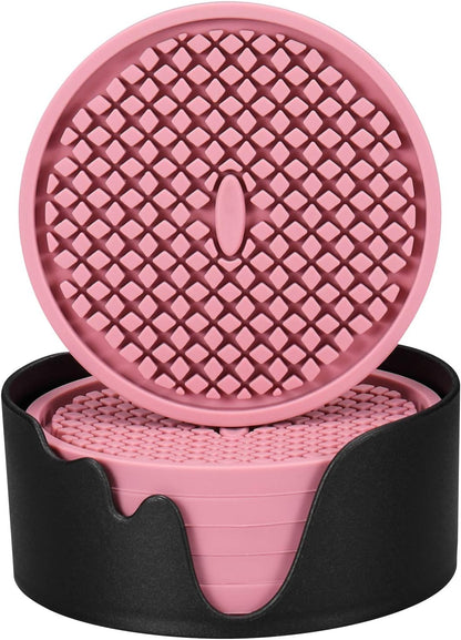 ME.FAN Silicone Coasters [6 Pack] Thickened Drink Coasters with Holder - Cup Mat - Non-Slip, Non-stick, Stay Put, Deep Tray - Prevents Furniture and Tabletop Damages(Pink)